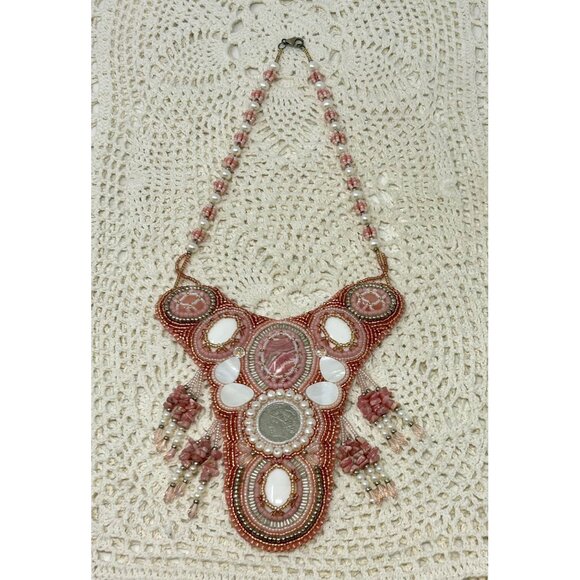Handmade Bohemian Beaded Statement Necklace With Pink & White Beads - Picture 4 of 6